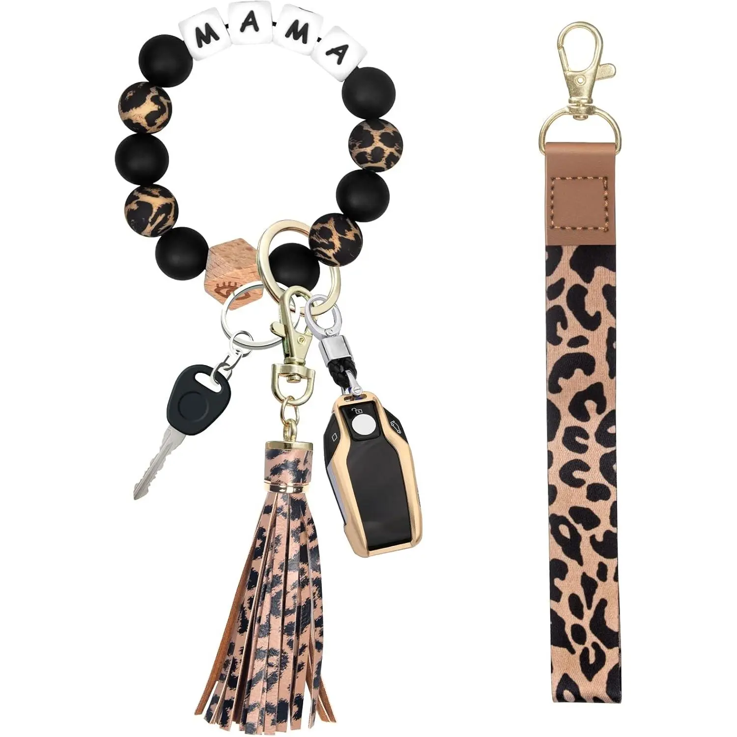 Bracelet Wristlet Keychain with Lanyard for Keys, Silicone Beaded Key Ring for Women, Mother's day Christmas Gift