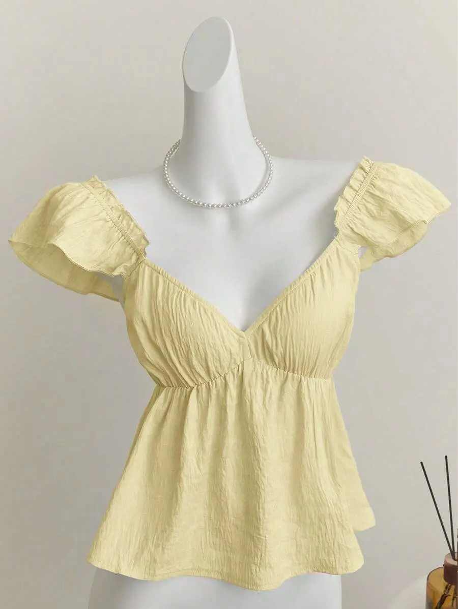 Women's Butter Yellow Milkmaid Top - Cute Cottagecore Ruffle Cap Sleeve Blouse, Crinkle Textured Going Out Babydoll Top