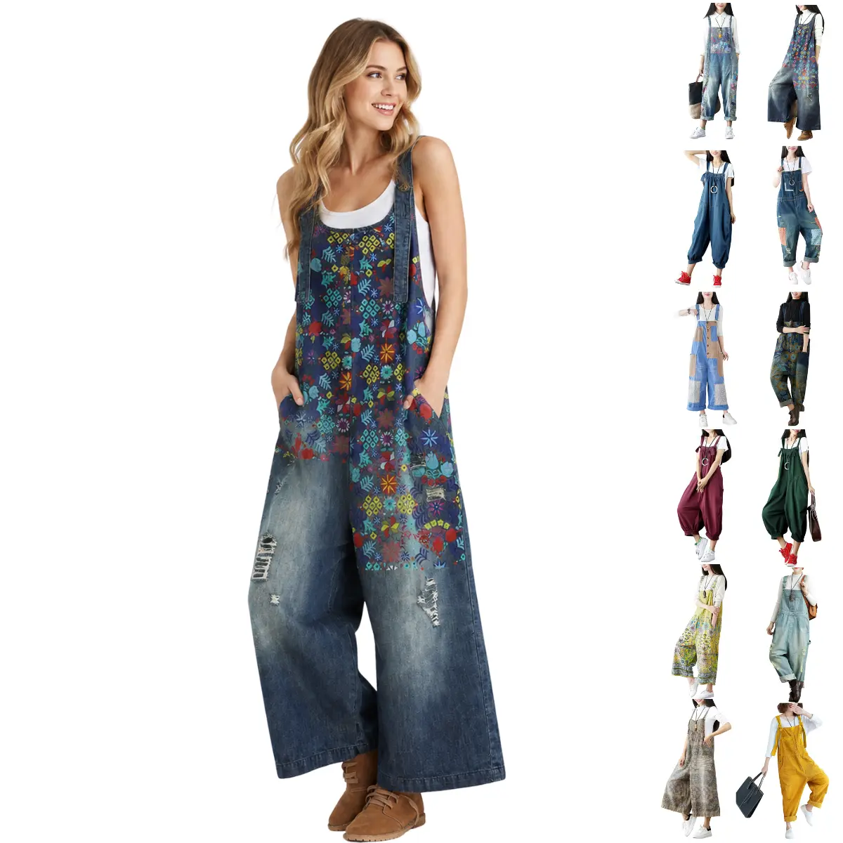 SCUSTY Women's Loose Baggy Wide‑Leg Denim Bib Overall Jumpsuit Vintage Distressed Adjustable Straps Boho Floral Patchwork Jeans Overalls