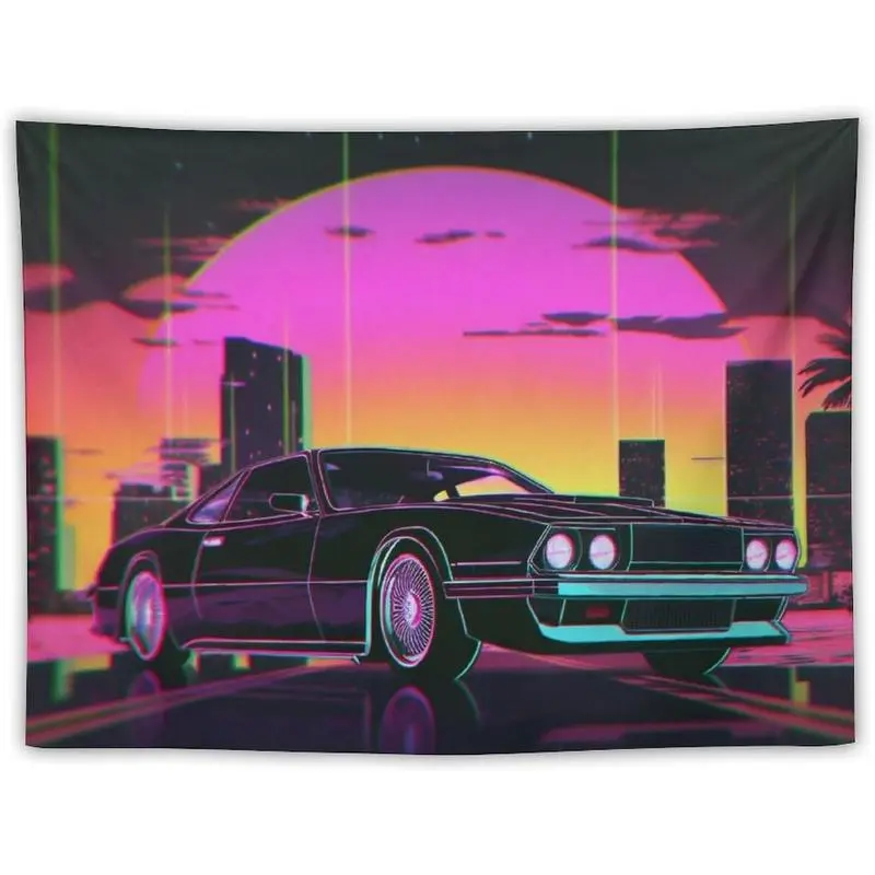 Large Linen-Cotton Vaporwave Wall Tapestry, 80s Retrowave Neon Cityscape & Car Print, Light Decorative Synthwave Nostalgic Beach Decoration, Valentine's Gift for Boyfriend