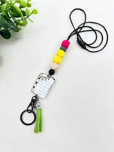 Candy Color Silicone Beaded Necklace Keychain Set, Apple Pencil Book Charm, Teaching Element Lanyard, Teacher Gift, All Seasons, Cute Keychain