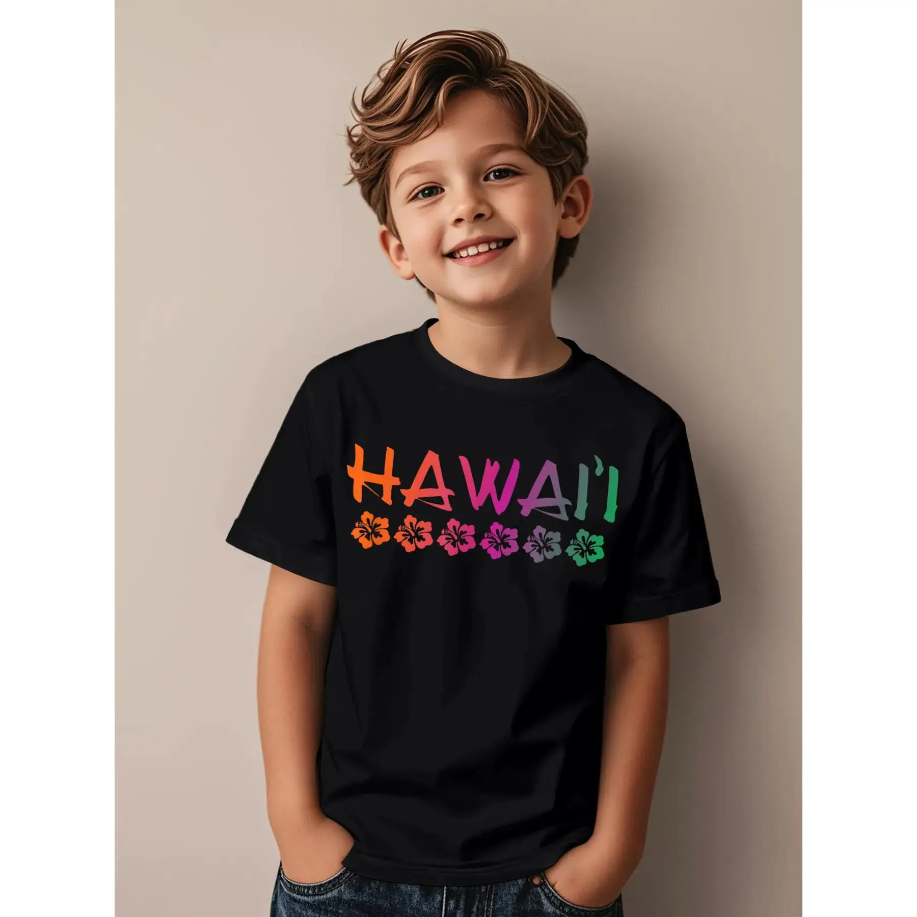 Hawaii - Hibiscus Flowers - Sunset Colors Funny Awesome Graphic Kid T-Shirt Fashion Kid T Shirts Trending Tops Tees for Kid