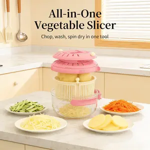 3 in 1 Kitchen Vegetable Slicer Grater With Drain Basket Hand Guard Design Multi Function Cutter For Slicing Shredding Washing And Spin Drying Home Kitchen Meal Prep Tool
