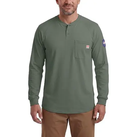 Men's Plain 7.5 Oz Flame Resistant Long Sleeve Workwear Uniform - FR Buttons for Fire Safety, Breathable Cotton Fabric, Arm Coverage Against Sparks, Industrial & Construction Menswear