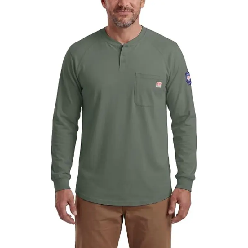 Men's Plain 7.5 Oz Flame Resistant Long Sleeve Workwear Uniform - FR Buttons for Fire Safety, Breathable Cotton Fabric, Arm Coverage Against Sparks, Industrial & Construction Menswear