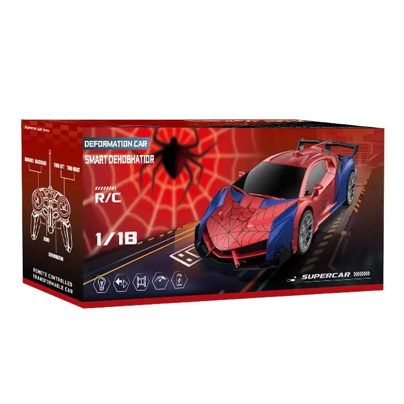 2.4G Remote Control Spider Web Transforming Sports Car Toy for Kids 3+, 1-Click Robot Transformation, LED Light Effects, Stunt Spin Action, Rechargeable Ride-On Toy Gift