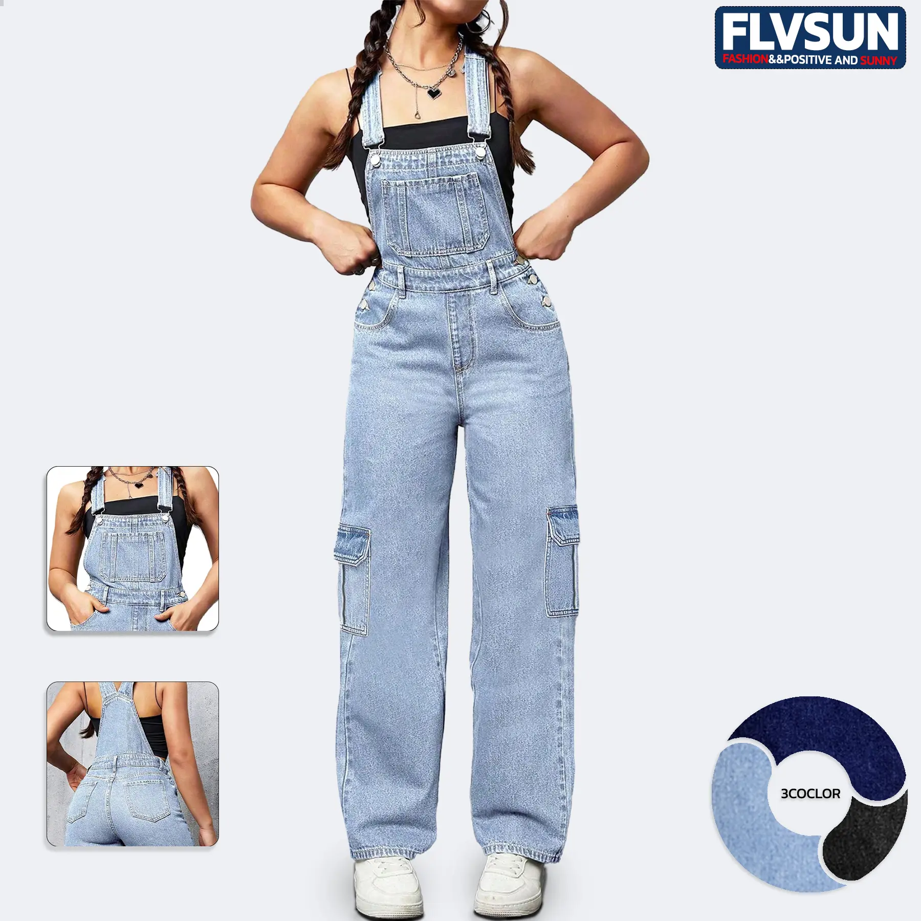 Flvsun Women's Basic Plain Sleeveless Denim Wide-Leg Cargo Bib Overalls - Lady's Adjustable Straps, Loose Baggy Pants, Stylish Womenswear, Adjustable Jumpsuit, Casual Comfy Overalls, Loose Fit Overalls, Stylish Women's Wear, Strappy, Women's Clothes