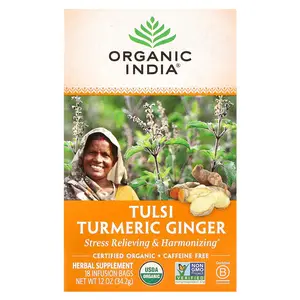 Organic India Tulsi Turmeric Ginger Tea, Caffeine-Free, 18 Infusion Bags, 1.2 oz (34.2 g)