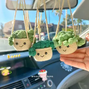 Crochet Succulent Car Charm, Cute Cactus Rear View Mirror Accessory, Plant Lover Gift, Aesthetic Decor, Handmade Car Accessories for Women
