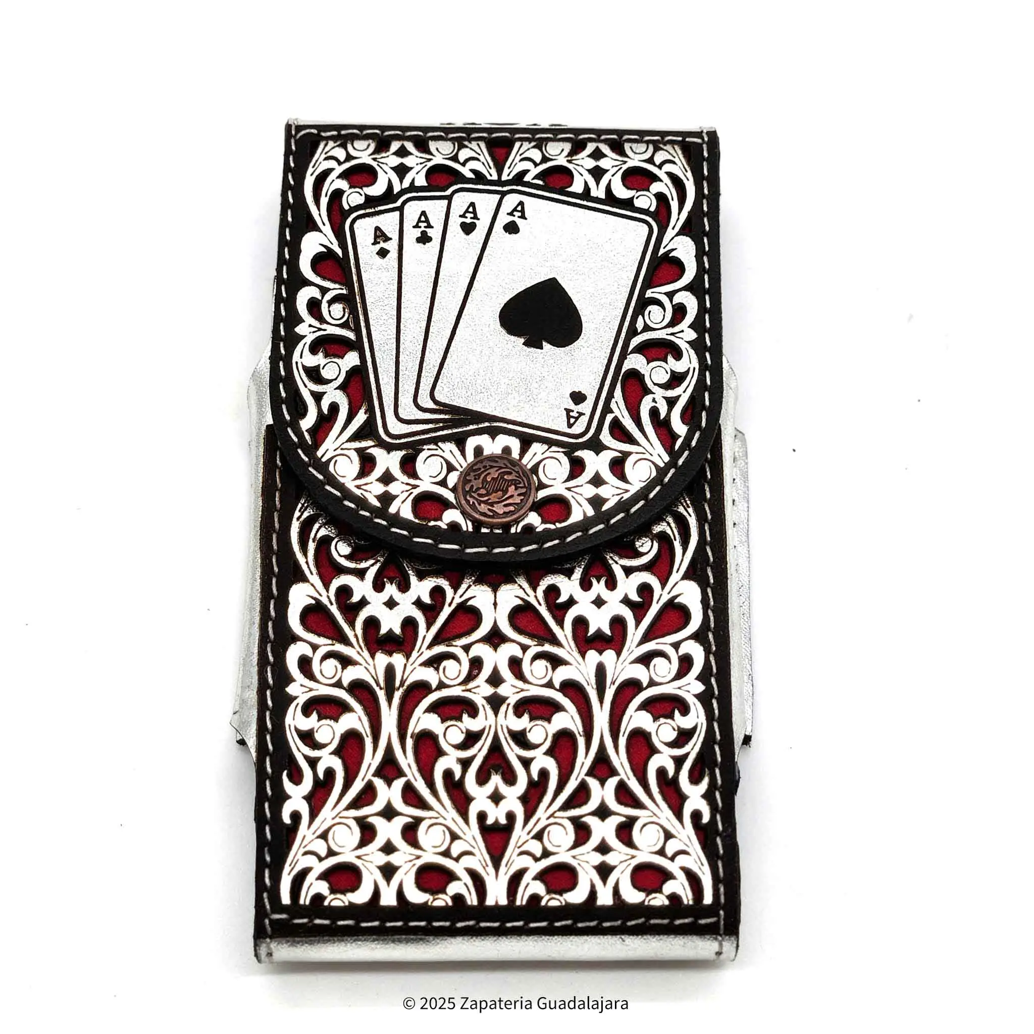 MEN'S WESTERN LASER 4 ACES SILVER LEATHER PHONE CASE -M308