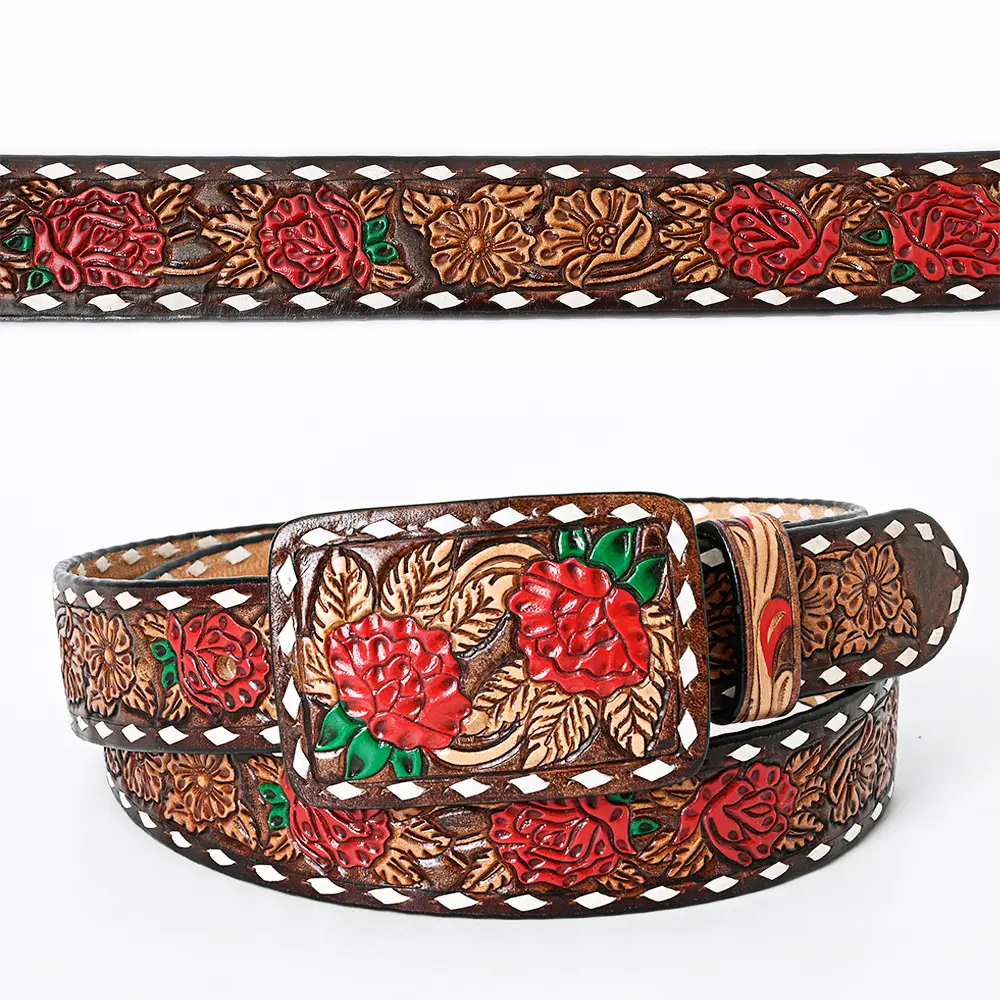 American Darling Beautifully Hand Tooled Brown Genuine Leather Belt Men and Women Western with Removable Buckle