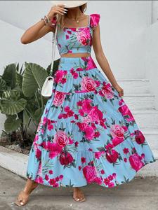 women's floral print crop top & a-line skirt two-piece set, elegant fashion fitted casual top & skirt for daily outdoor wear, ladies outfits for summer, two piece outfits for women, bohemian womenswear