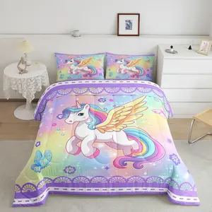 Unicorn Luxury Bedding Set,Butterfly and Flower Designer Comforter Set, Multicolor Machine Washable Duvet Set,Rainbows Purple Galaxy Quilt Sets