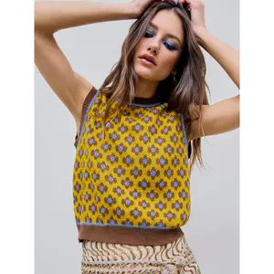 Cider [2 colors, size 0-10] Geometric Contrasting Binding Knitted Crop Vest