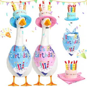 Happy Birthday Goose Outfit Porch Goose Outfits with Happy Birthday Cake Hat and Bandana Yard Geese Outfits for 23" 17" Cement Plastic Geese Duck Decorations