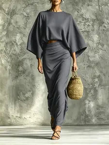Two-Piece Women's High-Waisted Midi Dress Set, Summer Round Neck Three-Quarter Sleeve Short Top and Skirt Set, Casual Fashion, Womenswear