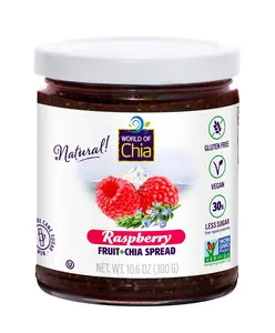 World Of Chia Raspberry Superfood Chia Jam - Real Fruit · No Added Pectin, Gut Health · High Fiber, Lightly Sweetened, Pure Cane Sugar, 10.6 oz