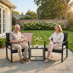 MURAGO 3-Piece Patio Furniture Set, Outdoor Bistro Conversation Set with Waterproof Wicker Chairs, Safety Glass Table Top & Thick Cushions, for Balcony Garden, Clearance Deal