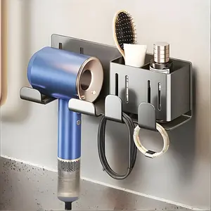 Blow Dryer Holder Rack No Drilling Bathroom Stand Alloy Hanging Hook with Storage Tube Wall Mounted Organizer Bathroom Accessories