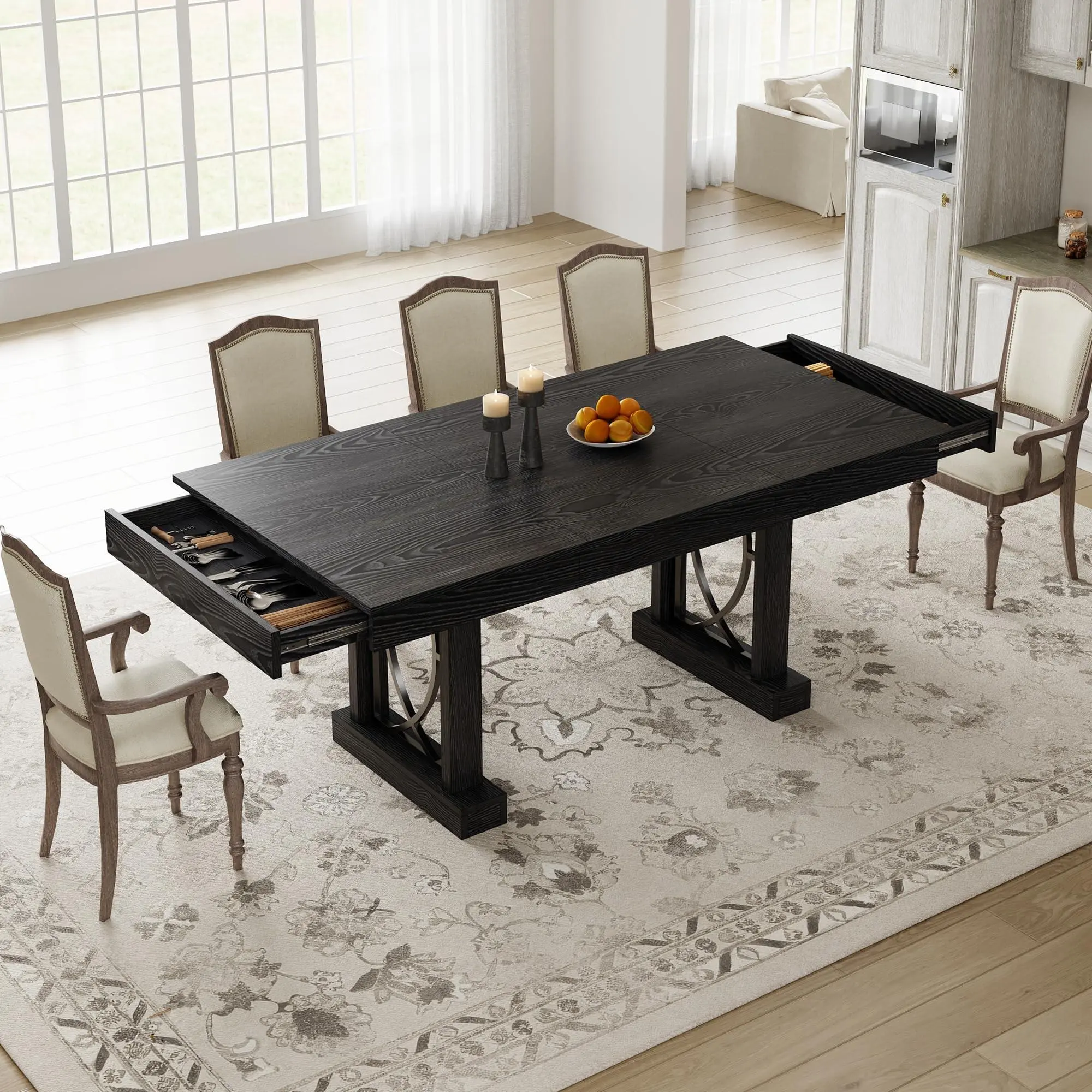 71-Inch Dining Table for 6-8 with 2 Drawers, Large Wooden Kitchen Table w/Large Tabletop & Sturdy Frame, Rectangular Dining Table with Double Pedestal, for Kitchen, Office