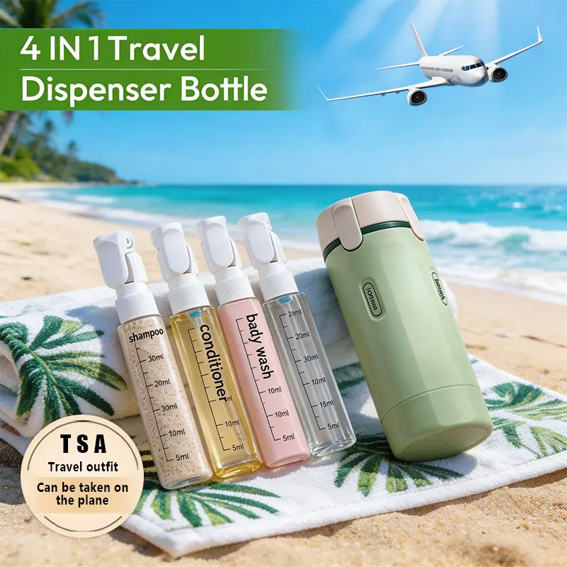 4-in-1 Travel Refillable Bottle,TSA Approved Refillable Toiletry Bottles for Lotion, Leak-Proof Silicone Squeeze Container with Lock, Portable Storage for Shampoo, Body Washand Cosmetics Makeup Brushes Organizer Makeup Brush Dryer Compact Plastic