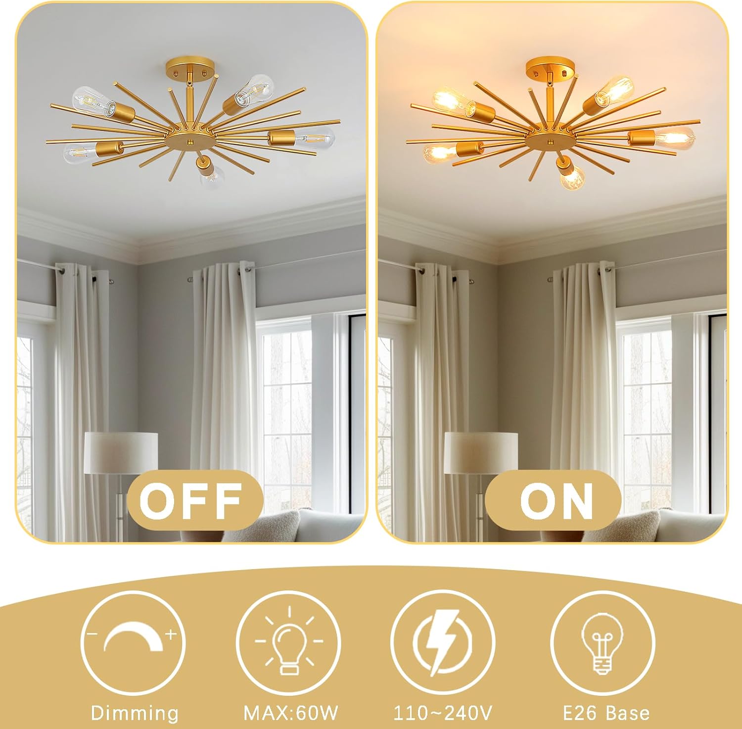 Gold Semi Flush Mount Ceiling Light, 27.5" 5-Light Large Sputnik Modern Mid Century Ceiling Light for Kitchen Entryway Bedroom Living Room