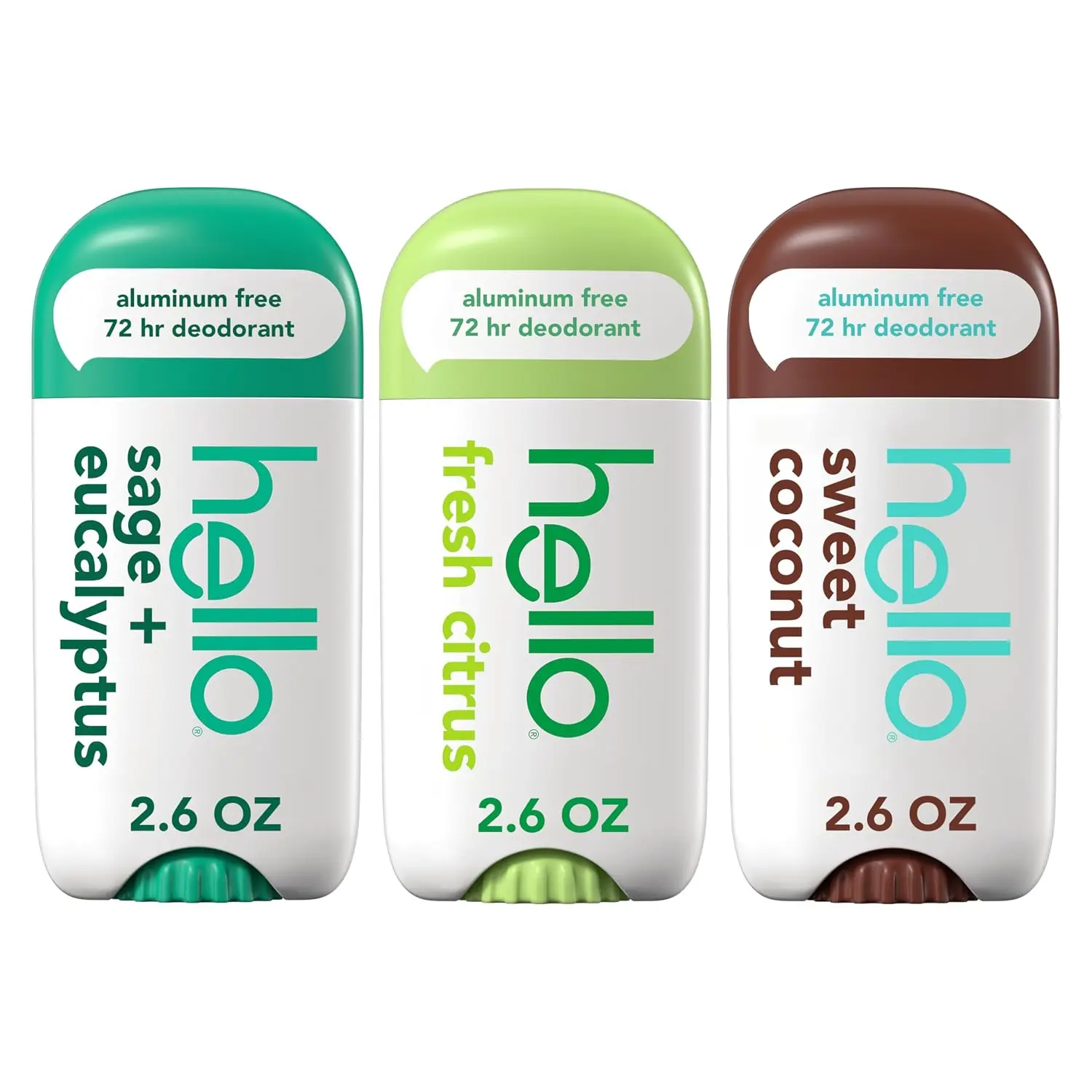 Hello Aluminum-Free Deodorant Variety Pack (Sweet Coconut, Fresh Citrus, White Sage) - 3 Pack, 2.6 oz, 24-Hour Odor Protection for Women and Men (No Baking Soda, No Parabens)