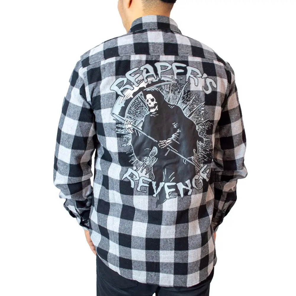 Reaper's Revenge Grey Flannel Shirt Plaid Embroidered