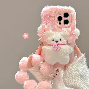 Pink Plush 3D Doll Case with Chain for iPhone 17 16 15 14 13 12 11 Pro Max Protective Casing Cute Cartoon Protector Screen Cover Shockproof Cellphone Accessory