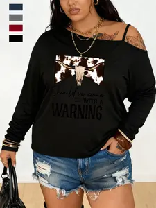 Plus Size Women's Loose-Fit Long Sleeve Cami Top, Asymmetrical Neckline, Letter Print, All Seasons, Sizes 1-8xl