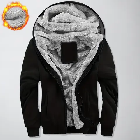 Thickened Fleece Solid Color Hooded Cardigan - Men's Winter Sweatshirt Jacket