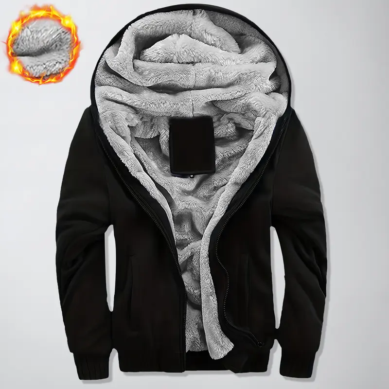 Thickened Fleece Solid Color Hooded Cardigan - Men's Winter Sweatshirt Jacket