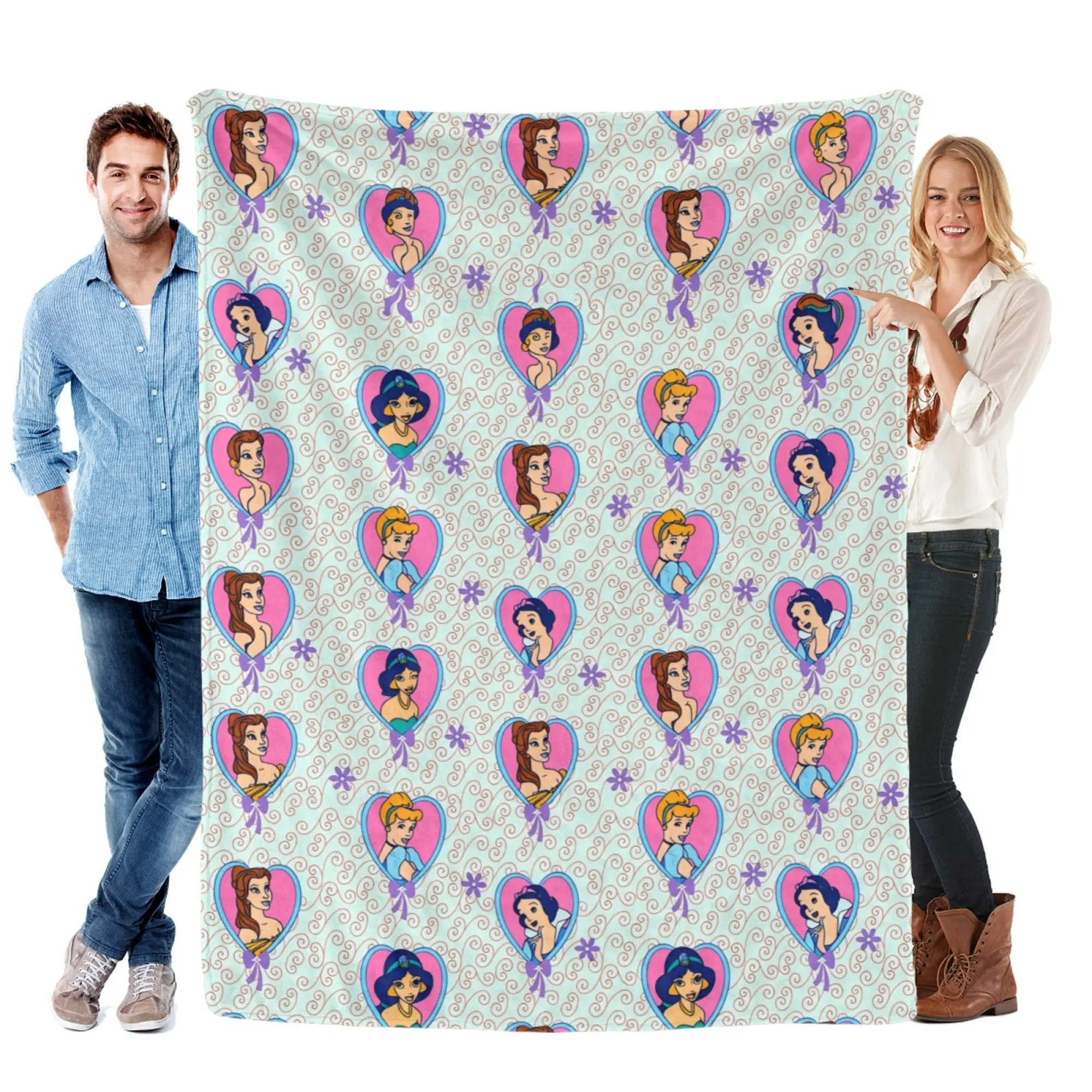 [SummerVibes] DISNEY CLASSIC Princess Hearts Flannel Blanket - Soft, Warm, Lightweight Cartoon Throw for Girls Bedroom, Sofa & Bed