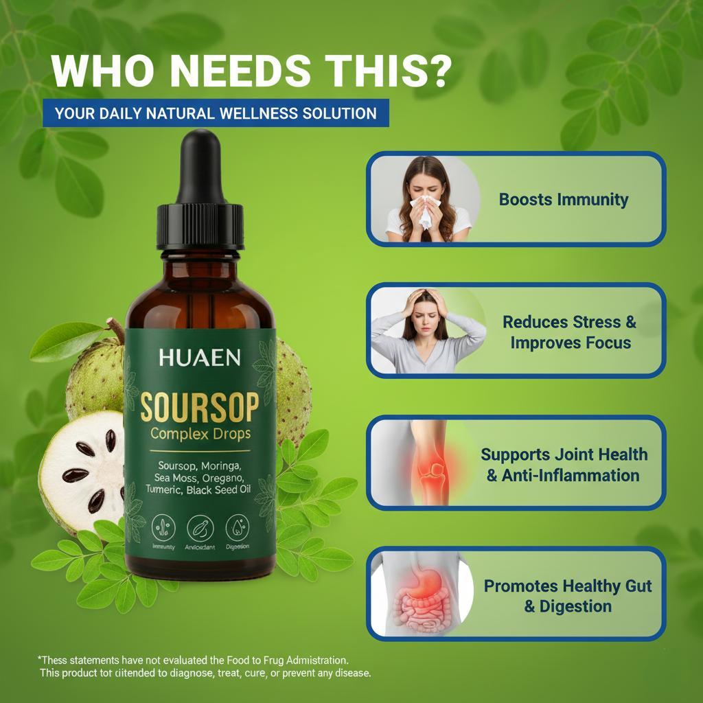 HUAEN Pure Soursop 10 in 1 Liquid Drops Extract - Seamoss,Moringa,Black Seed Oil,Turmeric,Oregano Liquid Drops for Immune System and Gut Health Support HUAEN Pure Soursop 10 in 1 Liquid Drops Extract - Seamoss,Moringa,Black Seed Oil,Turmeric,Oregano Liquid Drops for Immune System and Gut Health Support