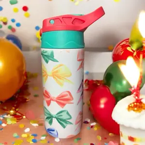 Colorful Bow 2 Kids Water Bottle - Portable Drinkware with Colorful Design and Red & Turquoise Lid