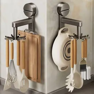 Suction Cup Kitchen Storage Rack, No Drill Installation, Space Saving, 360 Degree Rotating Hooks, Cabinet Door or Wall Mount Organizer, Durable Plastic, Wall Mounted Organizer