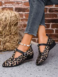 Women's Leopard Print T-Strap Wedge Sandals, Height-Increasing Retro Casual Shoes, All-Season Anti-Slip Comfortable Outerwear