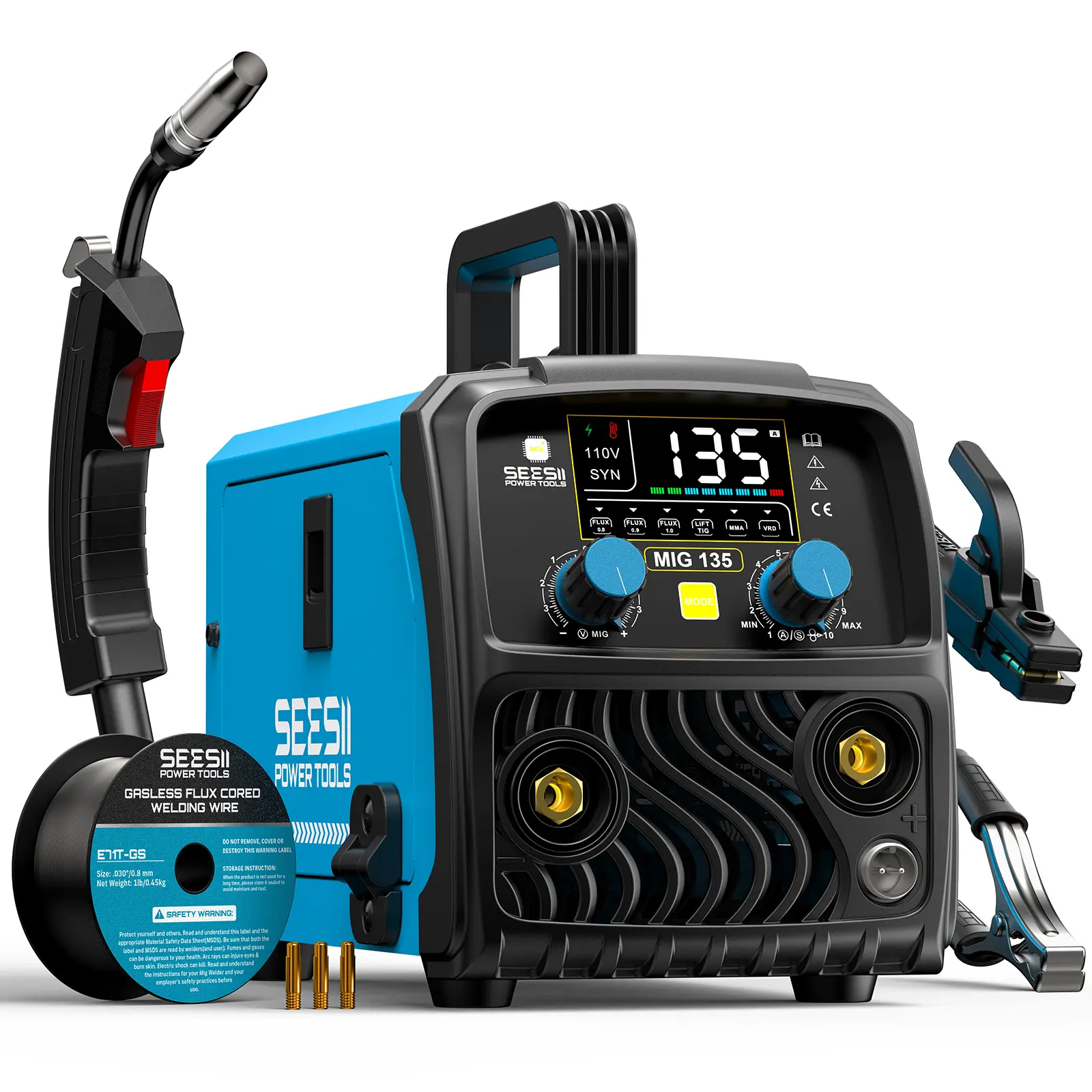 SEESII MIG 135 3-IN-1 Welder, Flux MIG/Stick/Lift TIG Welding Machine, 110V, Digital Control, Welds Up to 5/16" (8mm), Portable 7.7lbs Lightweight Welder with 6.5FT Torch & Complete Kit