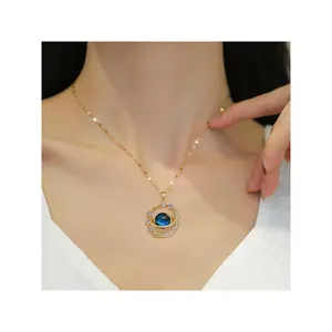 2025 New Female Dolphin-Shaped Full Sparkling Diamond Necklace - Blue Colored Stones, Cosmic Elements, Planetary Pendants, Luxury Elegant Craftsmanship, Trendy Mysterious Romantic Style Personalized Accessories Versatile Collarbone Chain for Daily Outings