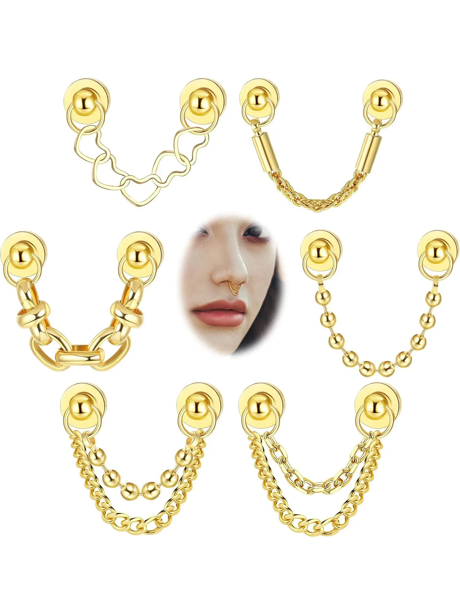 6Pcs Magnetic Septum Nose Rings for Women Men Chain Faux Fake Nose Septum Rings Gold Heart Bead Chain Non-Pierced Clip on Nose Rings