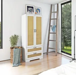 64 inches Super Large Freestanding Modern Clothing Storage Cabinet with 2 Rattan Doors for Living Rooms Bedrooms & Cloakrooms Extra Large Storage Space Multi Functional Organizing Wardrobe