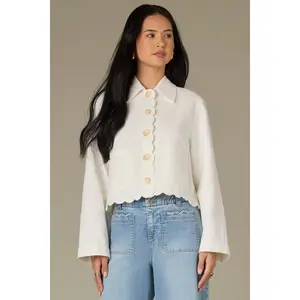 Long Sleeve Button Front Patch Pocket Crop Scallop Hem Petite Jacket
