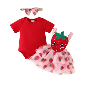Summer New Style Romper for Baby Girls in Pink with Ruffled Edges Strawberry Embroidery Cute Bow Pink Tulle Skirt Strawberry Print Sun Hat Outdoor Set
