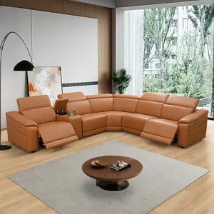 Light Brown Breathable Genuine Leather 6-Piece Reclining Sofa Set, Luxury Living Room Furniture for Modern Home Decor