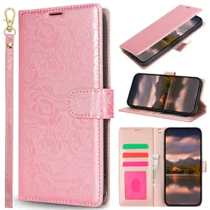 Flower Pattern Flip Leather Case with Card Slot & Lanyard, Shockproof Wallet Case with Card Slot, Fashionable Phone Case for iPhone