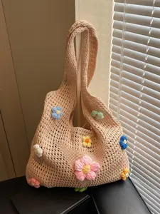 Korean Style Floral Decorated Handwoven Knit Tote Bag, Versatile Shoulder & Carry Handle, Perfect for Everyday Use, Handbag Tote Bag