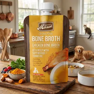 Merrick Grain Free Bone Broth for Dogs and Cats, Chicken Recipe Food Topper, Human Grade Gluten Free, Natural Hydration Support, 7 oz Pouch Healthy Pet Supplement Made in USA