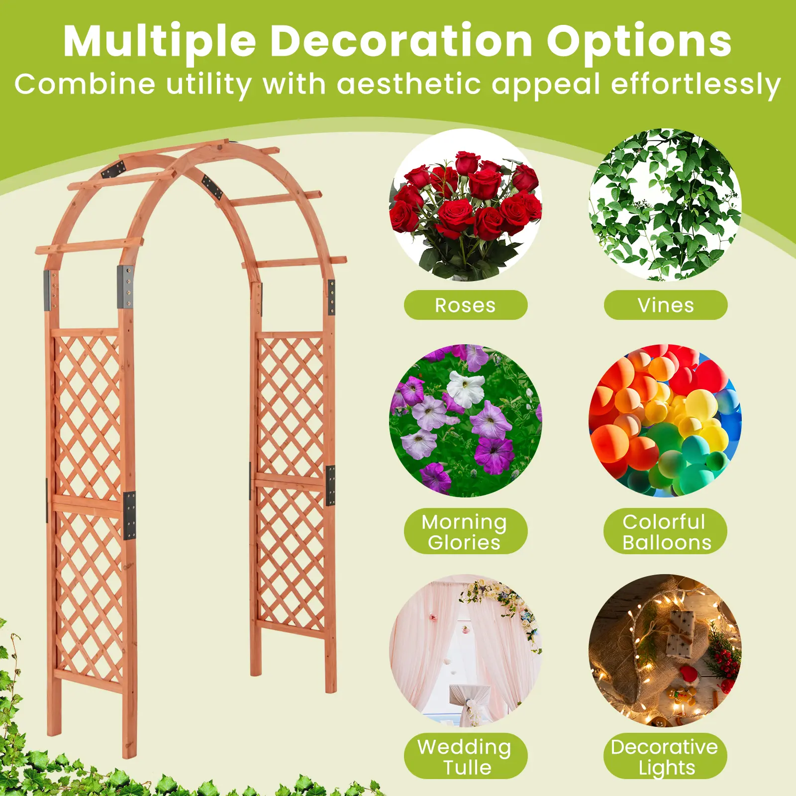 COSTWAY - 7.7 Feet Garden Arch Wooden Arbor for Climbing Plants
