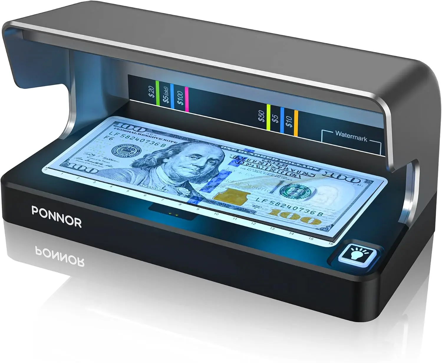 PONNOR Portable Counterfeit Bill Detector, Dual UV LED Money Checker for All Currencies, Rechargeable Handheld ID & Credit Card Tester with Auto ON/Off & Large Display