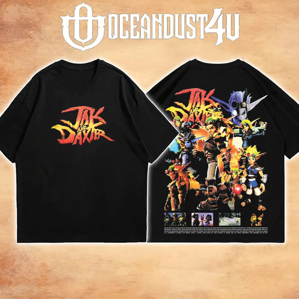 OceanMOB4U Jak and Daxter Character Black T-Shirt, Front and Back Graphic Gaming Tee, Retro PlayStation 2 Action Adventure Game Shirt, Unisex Gamer Gift
